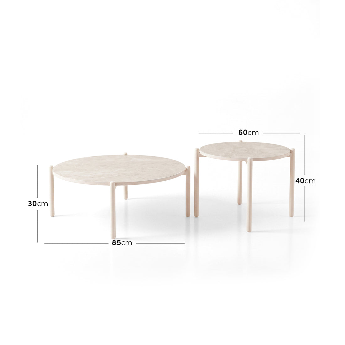 Two nesting round tables on a white background with dimensions labeled