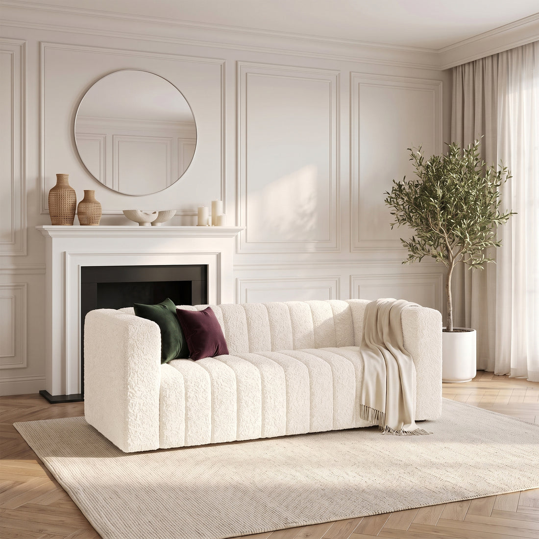 Cream sofa styled in a modern living room
