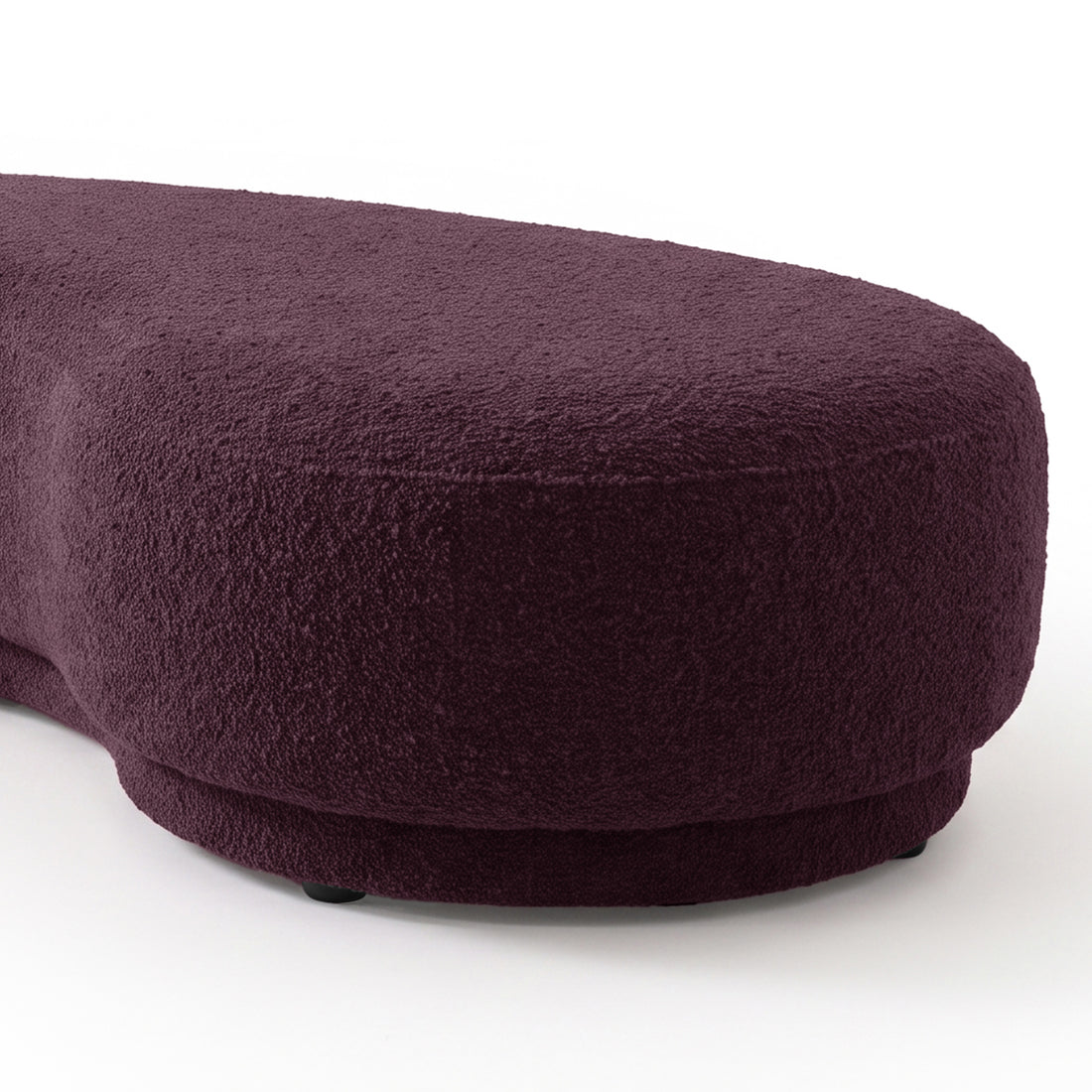 Close view of a textured plum upholstered bench seat product on a white background