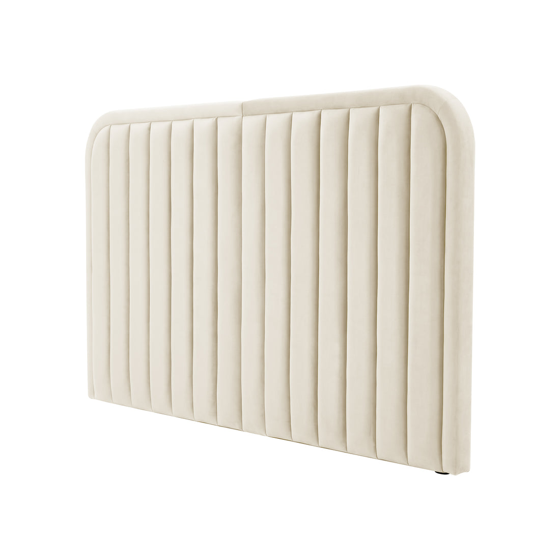Angled view of cream upholstered headboard on white background