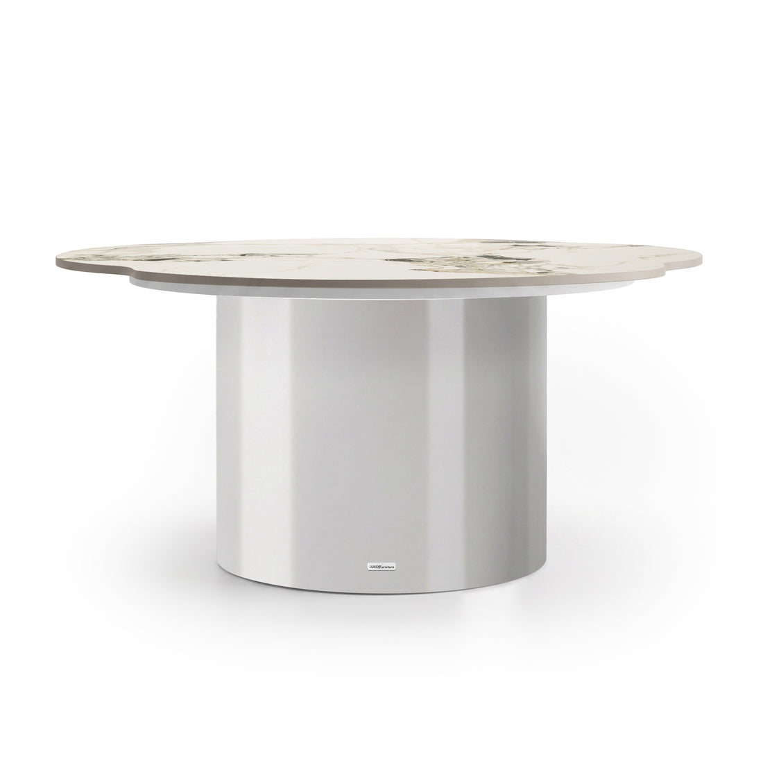Round coffee table with metallic cylindrical base and light marble-effect top on a white background