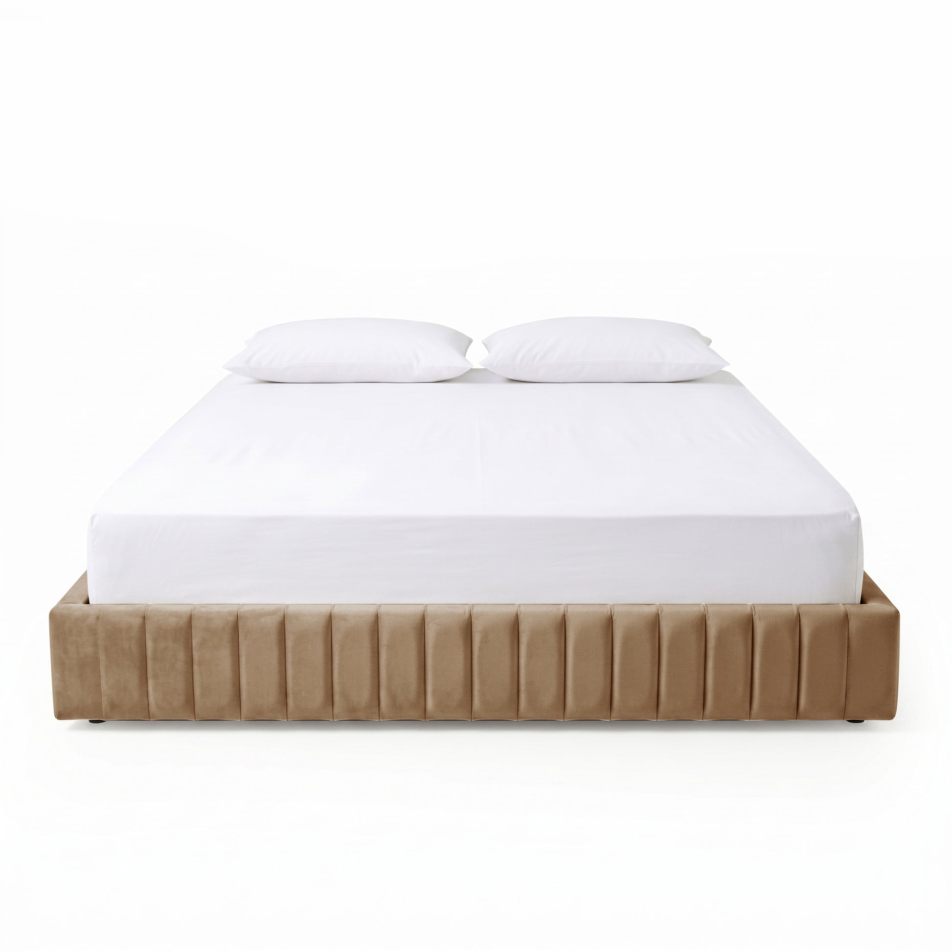 Beige upholstered bed with white bedding and pillows on white background
