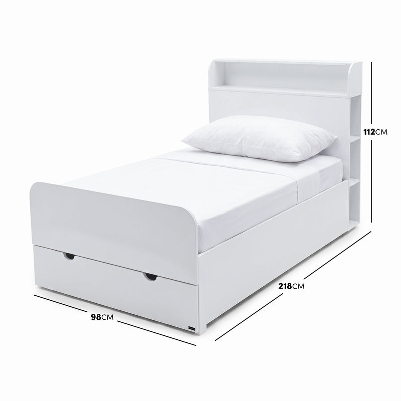 White single bed with shelf headboard and storage drawer shown on a white background with dimensions marked.
