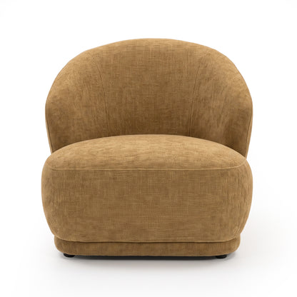 Plush mustard gold accent chair on a white background, front view.
