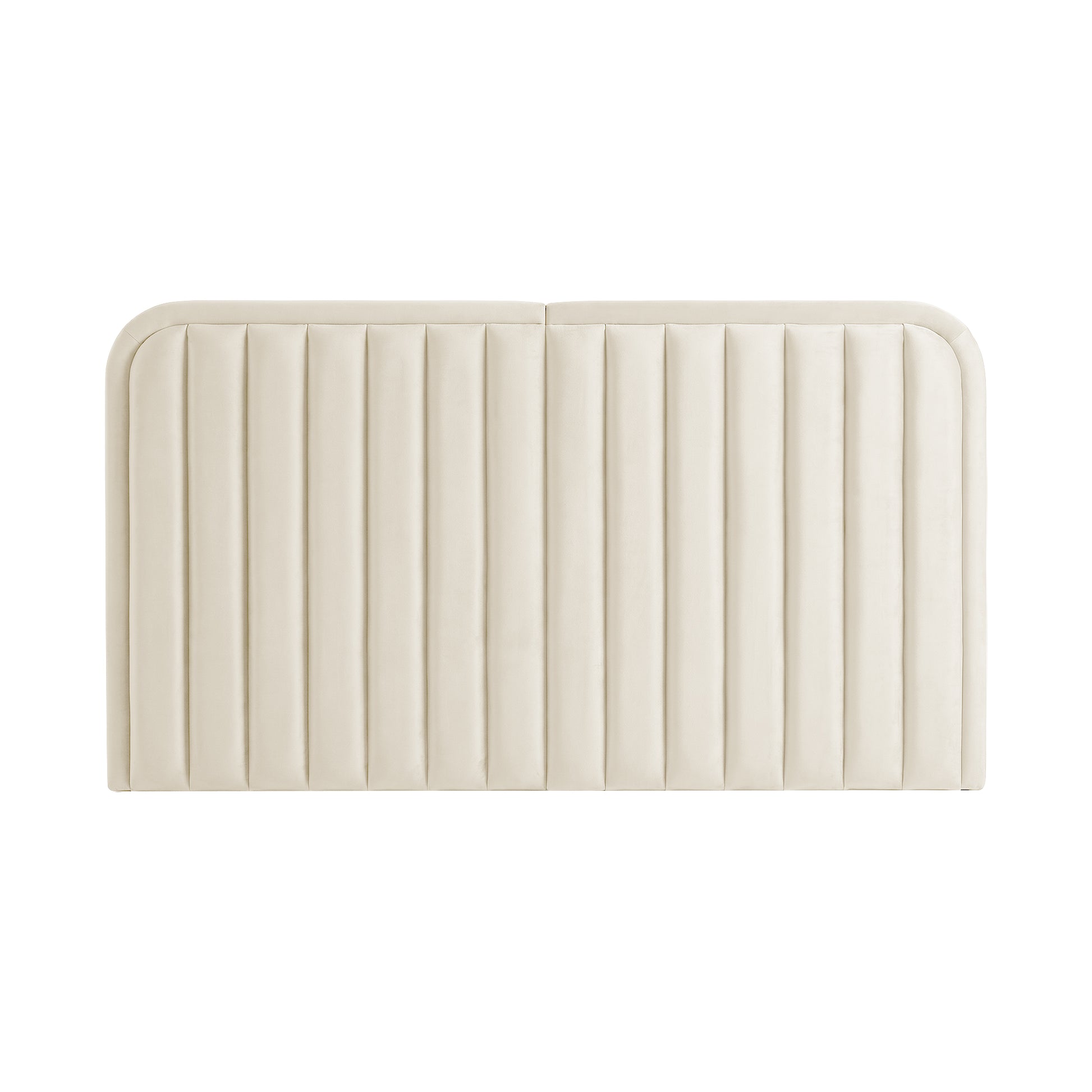 Cream upholstered headboard with vertical channels on white background