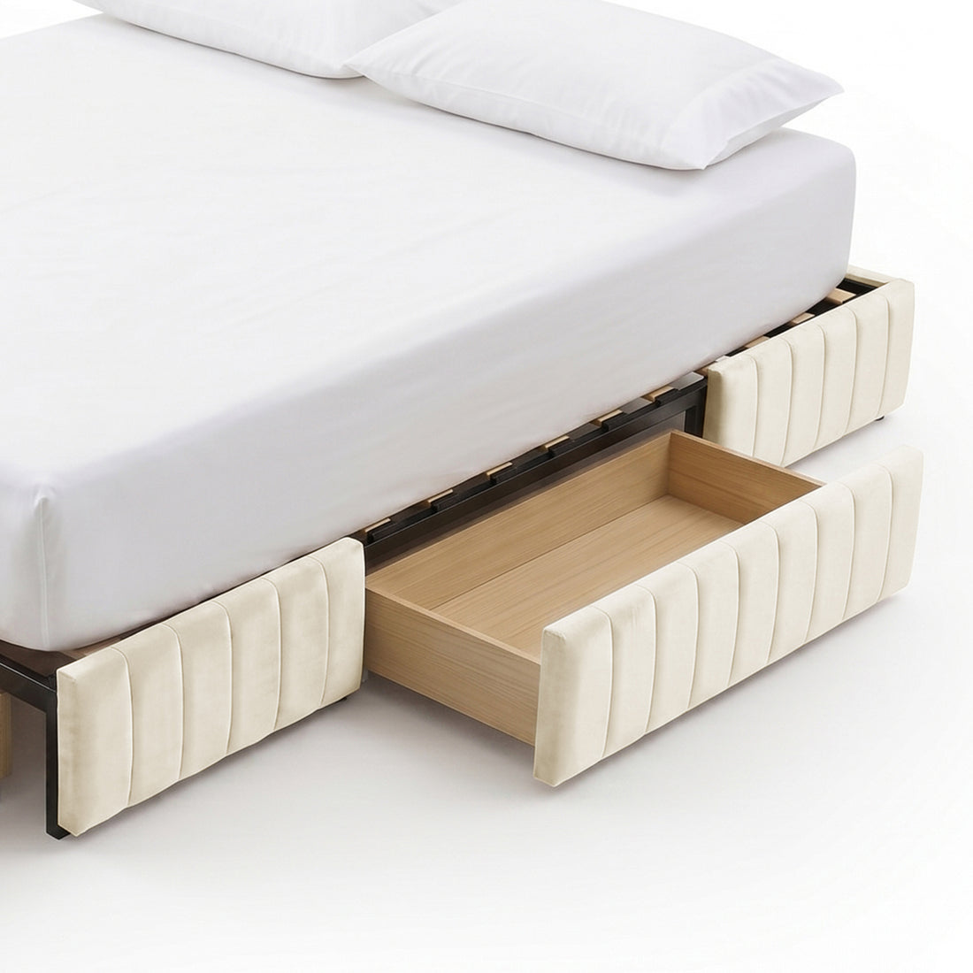 Close-up of bed frame corner and drawers
