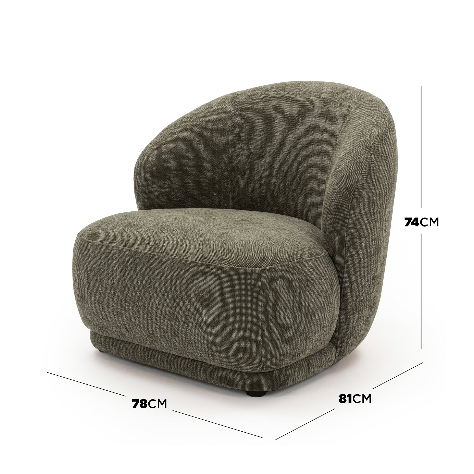 Moss green accent chair on white background with height, width, and depth measurements