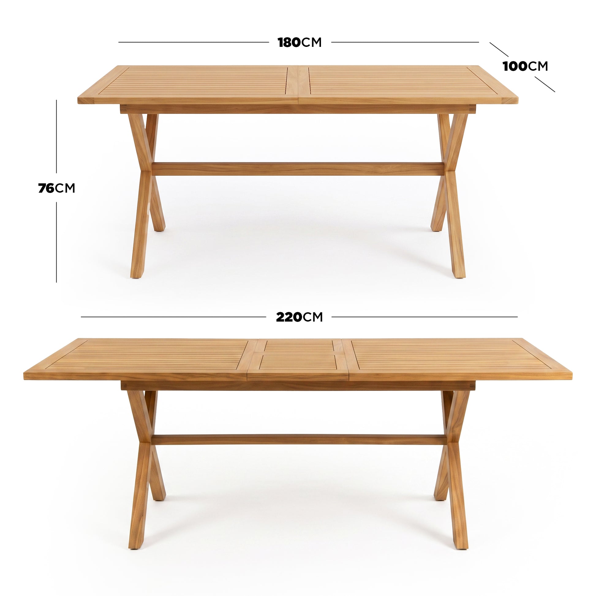 Wooden dining table with listed dimensions and extendable length options