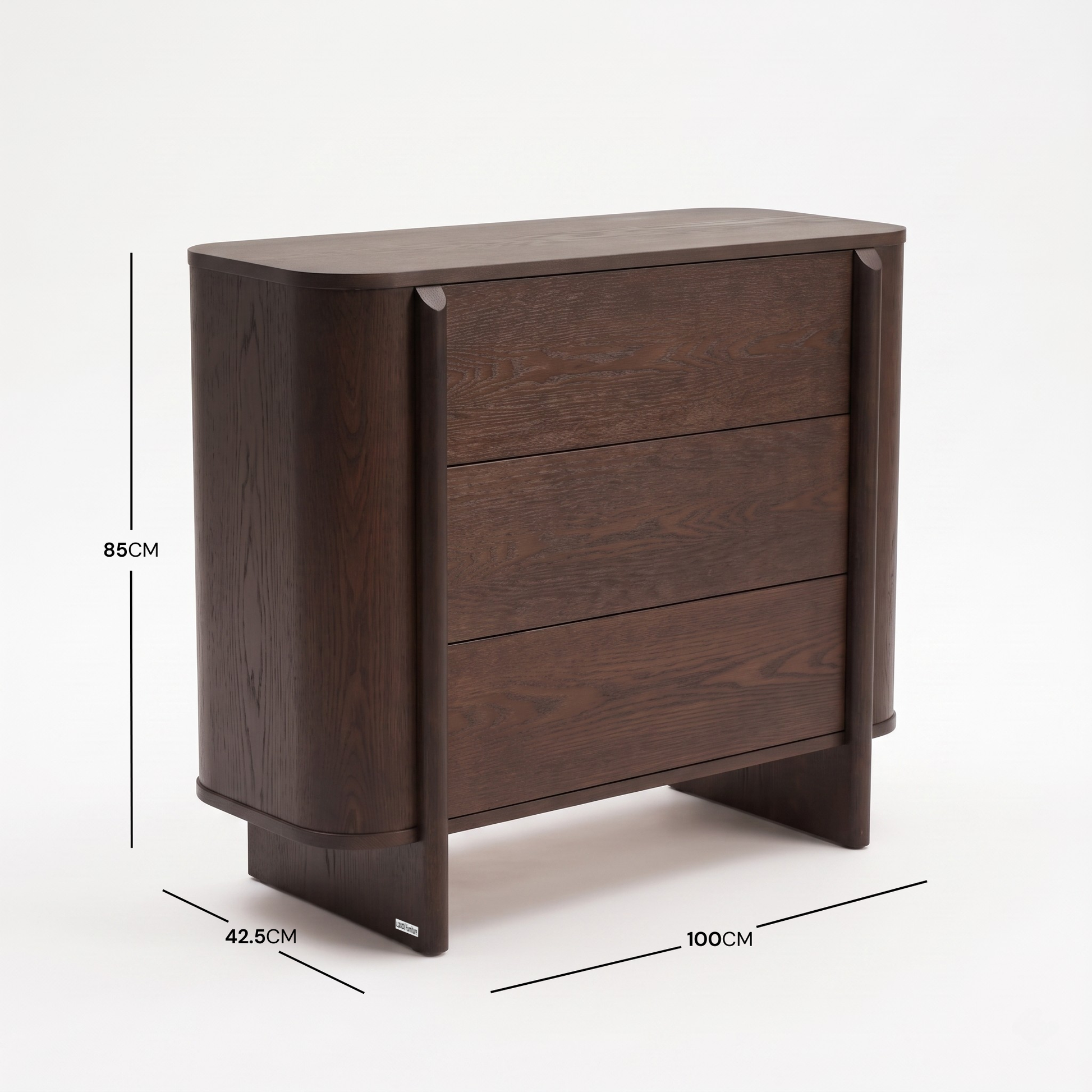 Dark wood three-drawer chest with dimension lines showing height, depth, and width