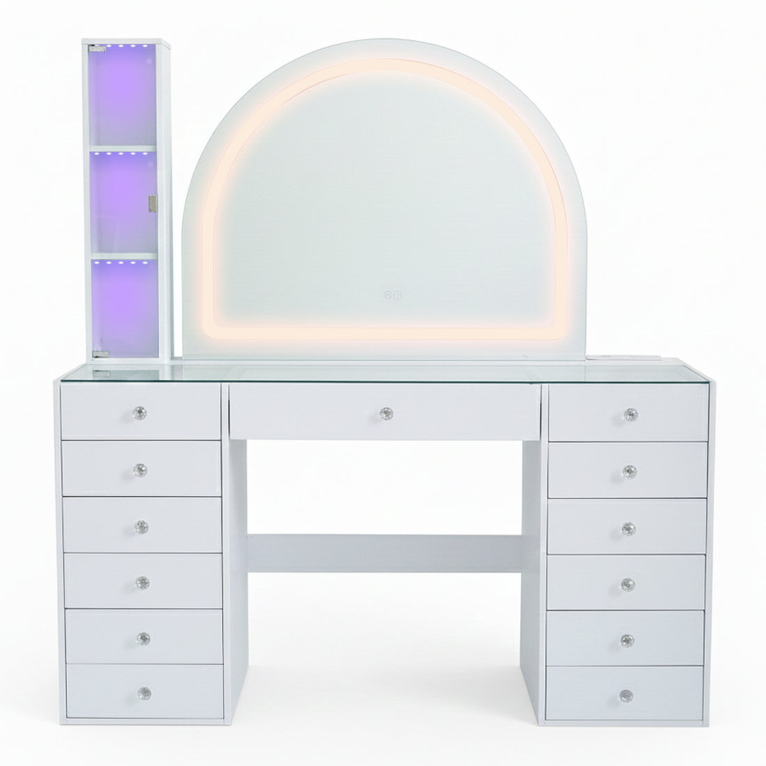White vanity table with LED semicircular mirror and side shelving on white background