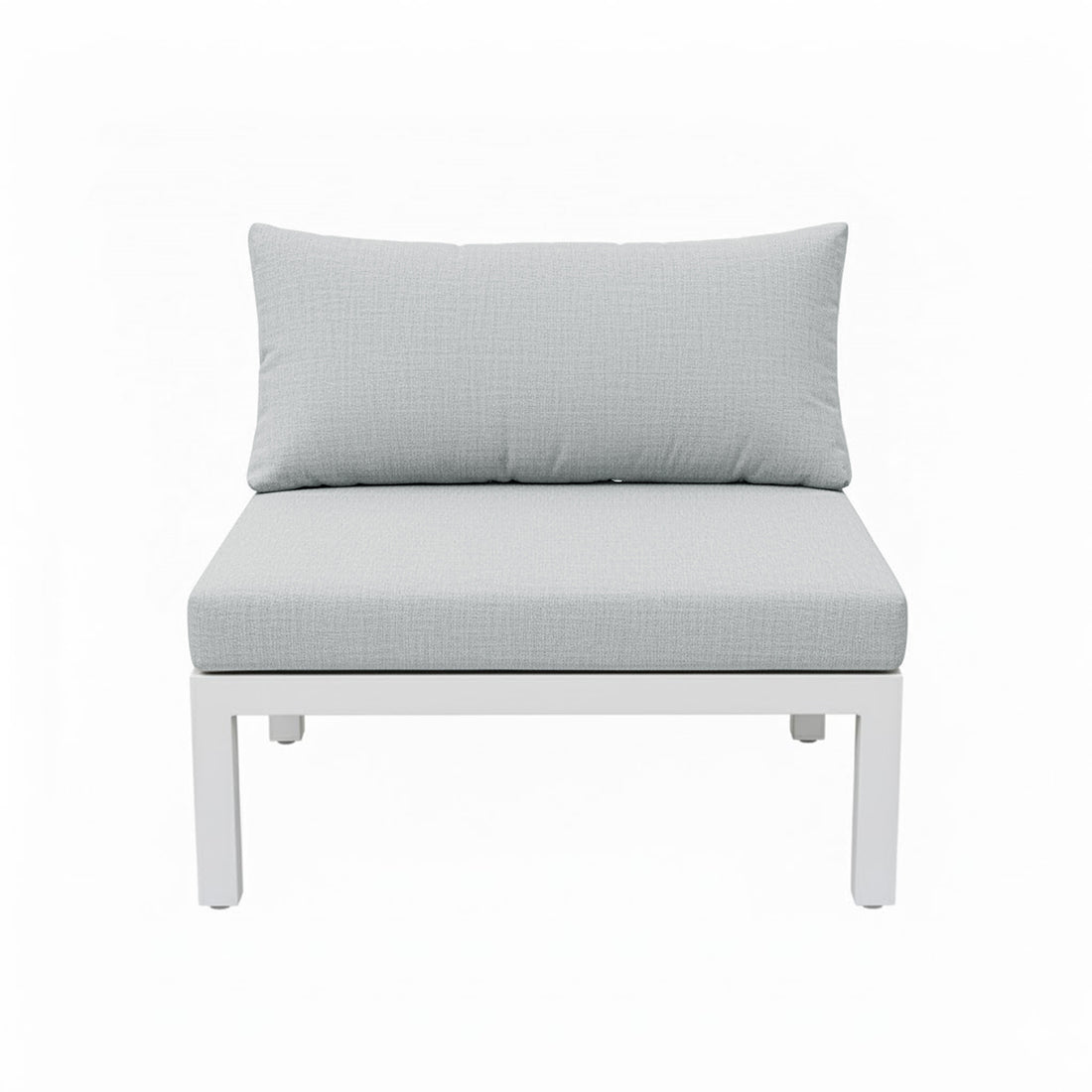 Sierra Outdoor Lounge Set in Grey featuring a modern armless lounge chair with light gray cushions on a sleek white metal frame, ideal for stylish, relaxed outdoor seating.