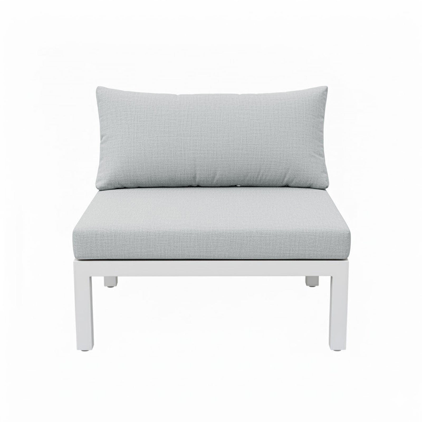 Sierra Outdoor Lounge Set in Grey featuring a modern armless lounge chair with light gray cushions on a sleek white metal frame, ideal for stylish, relaxed outdoor seating.
