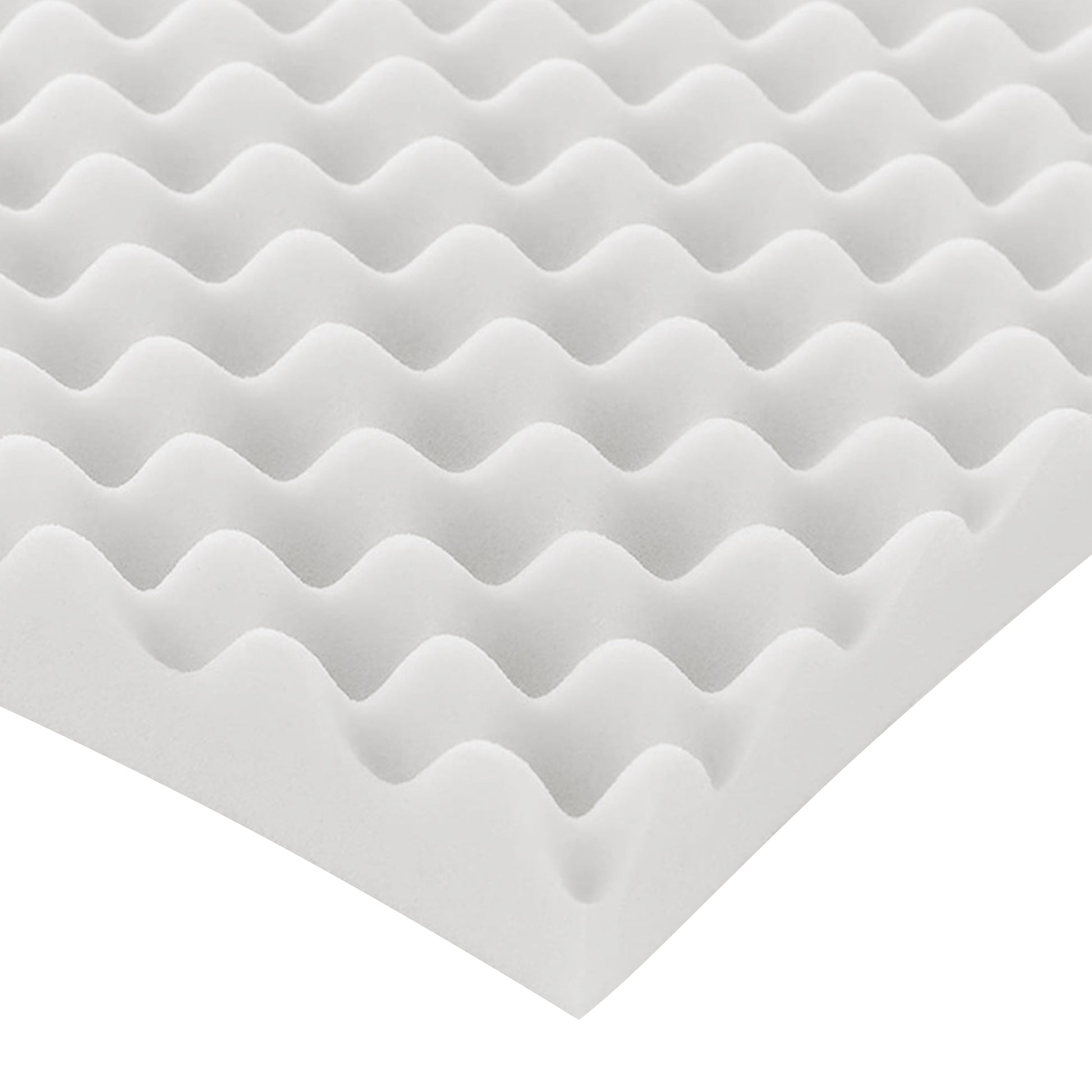 White egg crate foam pad corner with wavy contoured surface on a white background