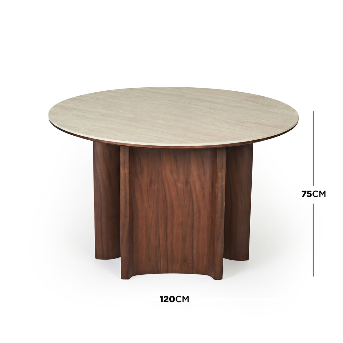 Round dining table on white background with dimensions labeled 120cm by 75cm