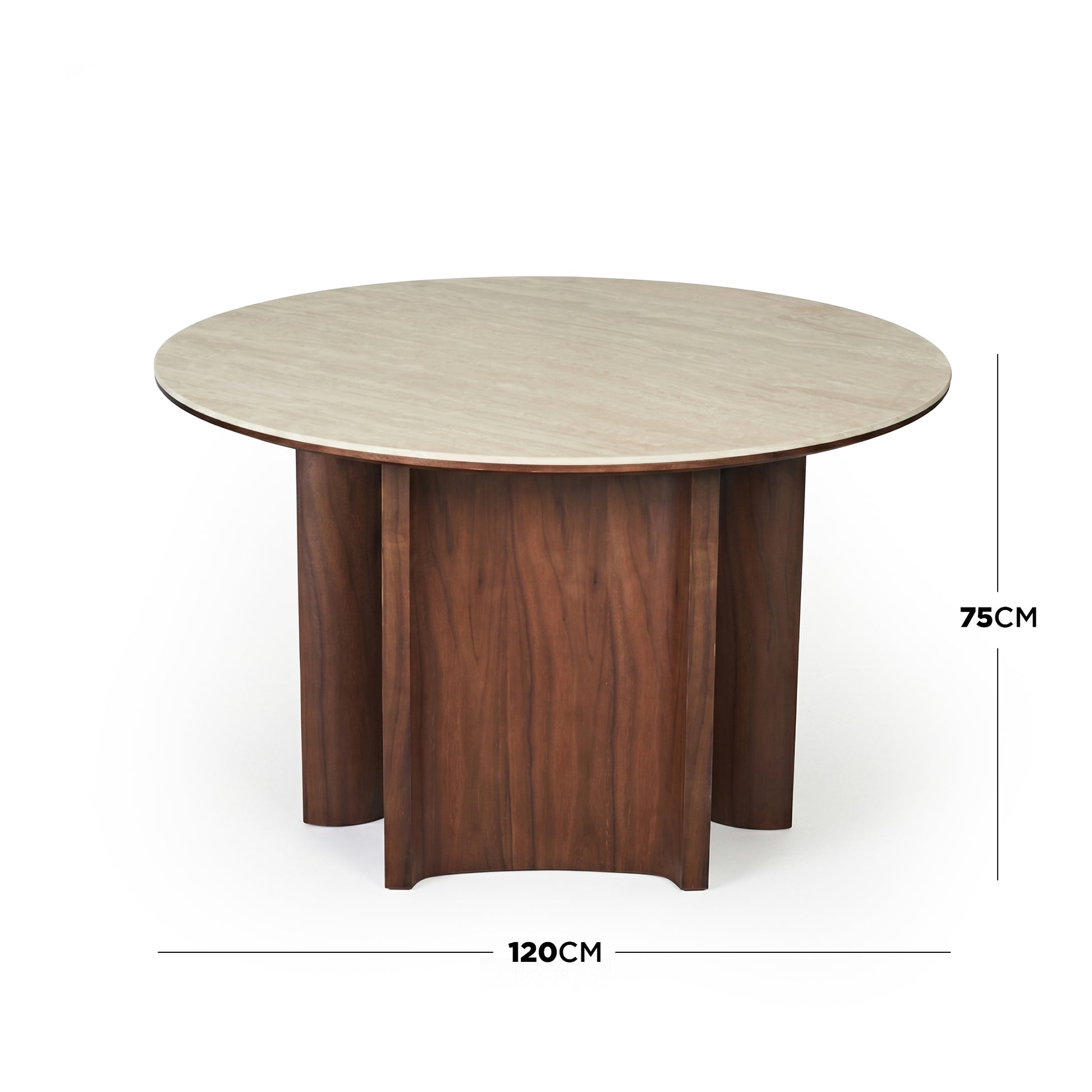 Round dining table on white background with dimensions labeled 120cm by 75cm