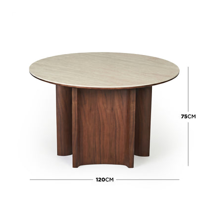 Round dining table on white background with dimensions labeled 120cm by 75cm