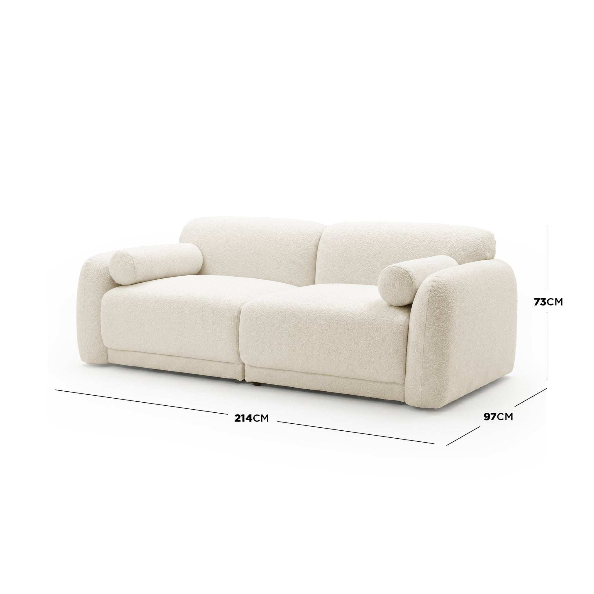 Two-seater sofa with dimension lines and measurements on white background