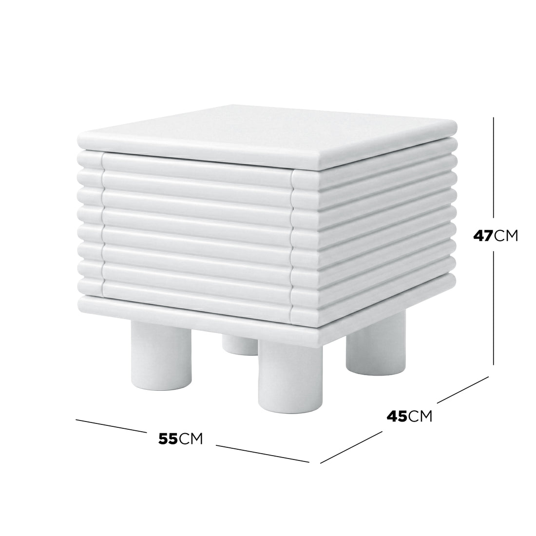 White ribbed cube side table with dimension annotations on white background