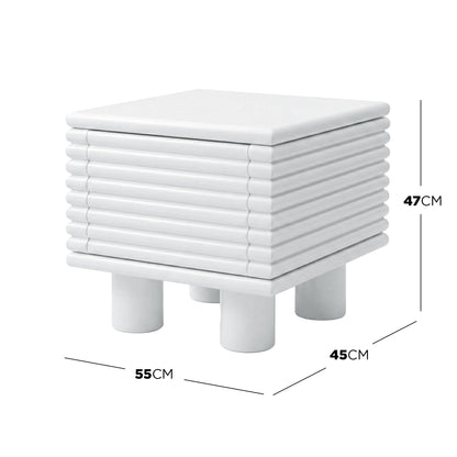 White ribbed cube side table with dimension annotations on white background
