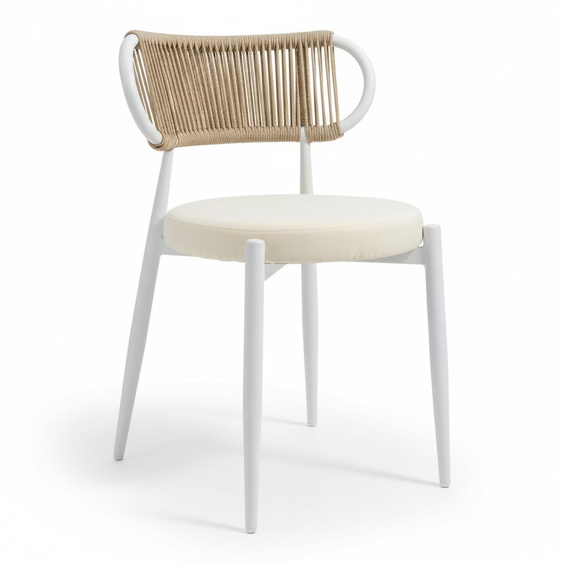Cabria 9 Piece Sintered Stone Outdoor Dining Set in Beige features minimalist chairs with white frames, cream padded seats, and rope woven low backrests, ideal for stylish, practical alfresco dining.