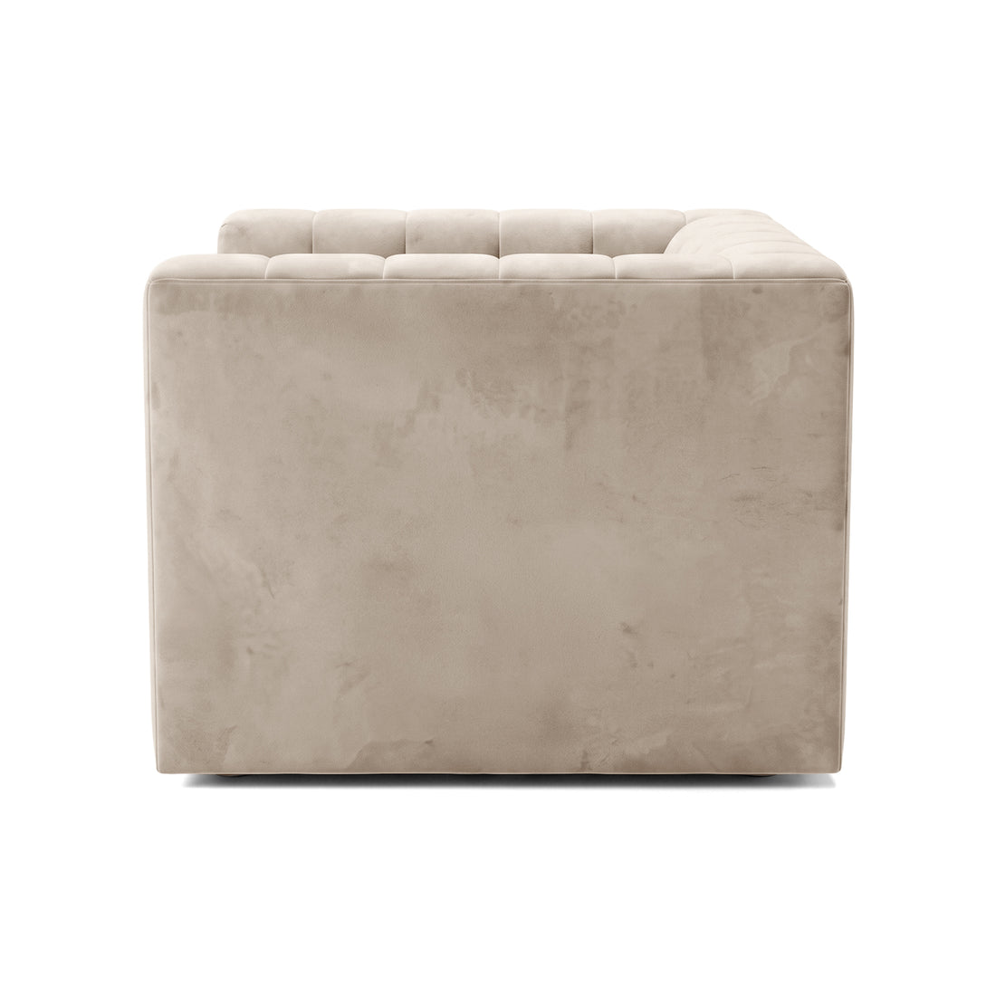Side view of a beige upholstered sofa on a white background