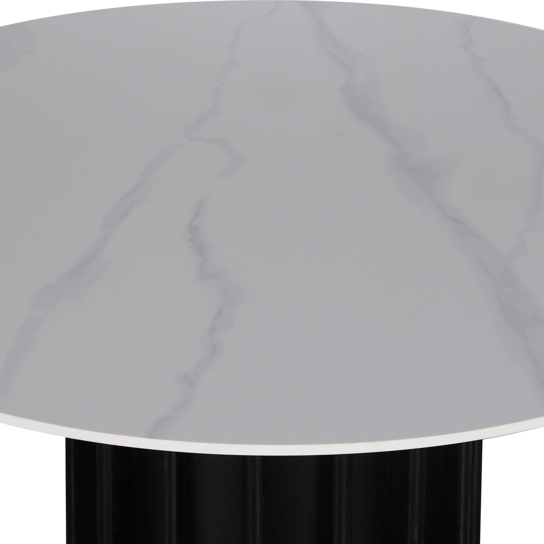 Gabi 120cm Marble Look Dining Table in Black features a white marble-patterned top with subtle grey veining, resting on a vertically fluted black base, offering a modern, compact dining solution.
