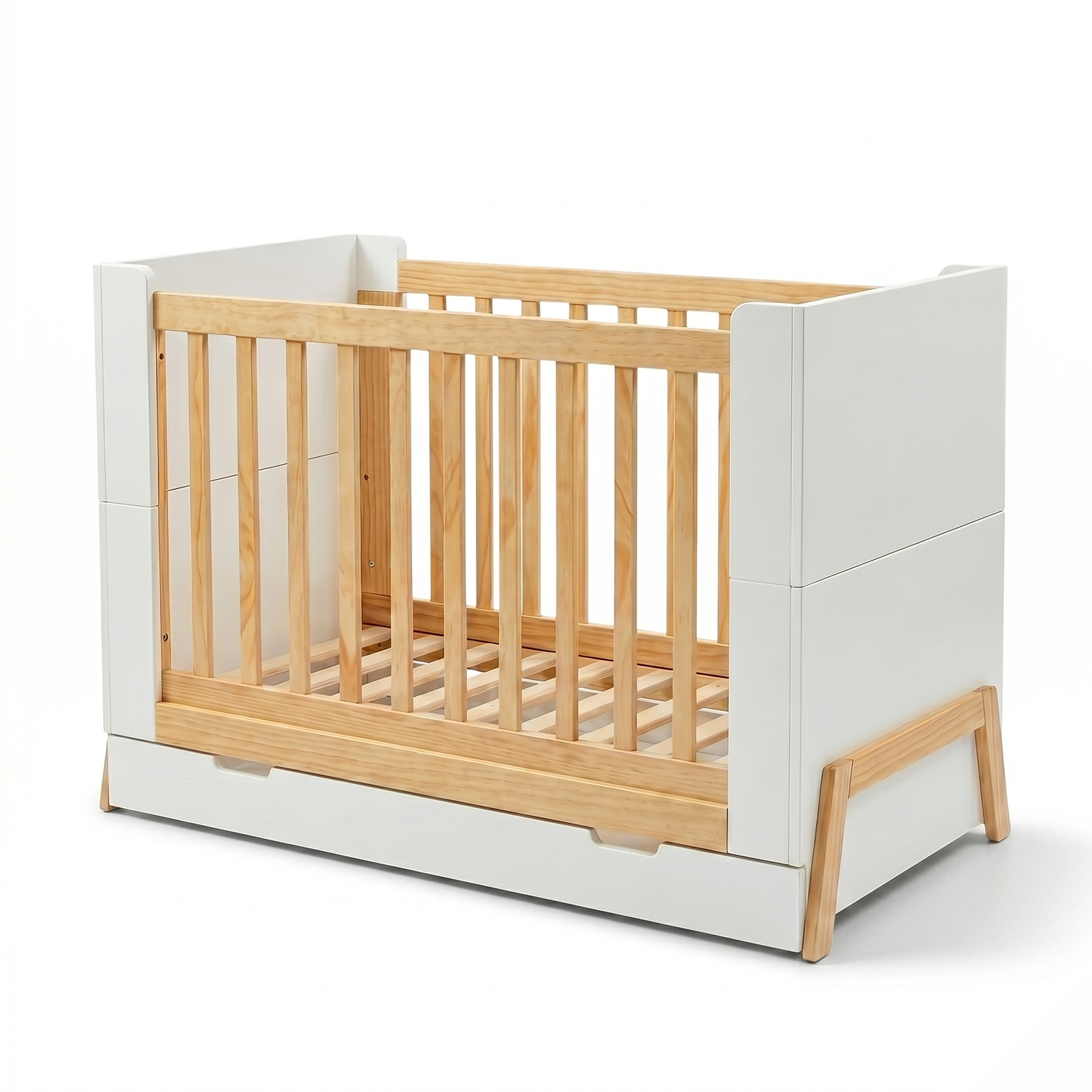 Front view of modern baby crib on white background