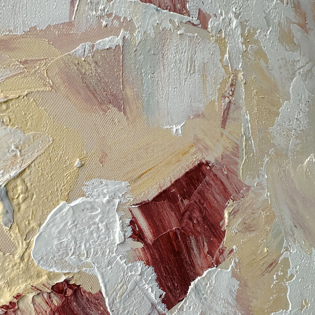 Close-up of Bloom Framed Canvas Wall Art 105 x 105cm in White, showcasing textured impasto strokes with a minimalist frame, emphasizing hand-finished details that create a gallery-like presence in modern interiors.