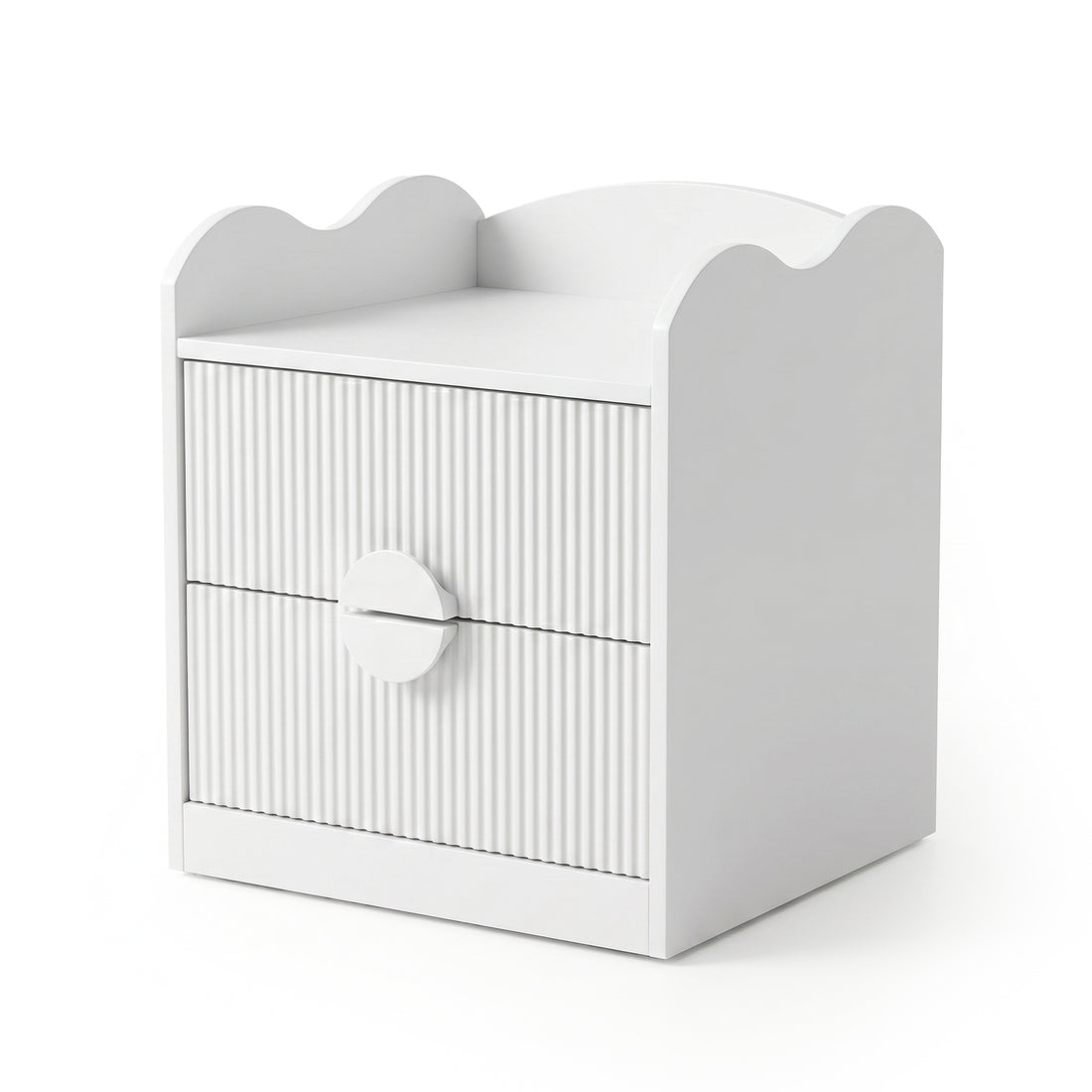 White modern nightstand with wavy top edge, grooved drawer fronts, and central circular handle