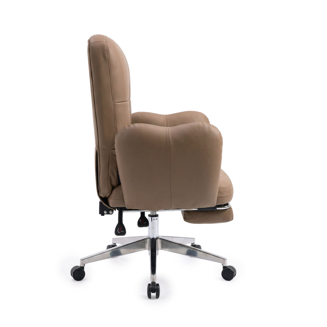 Side view of a tan padded office chair with chrome base and wheels on a white background