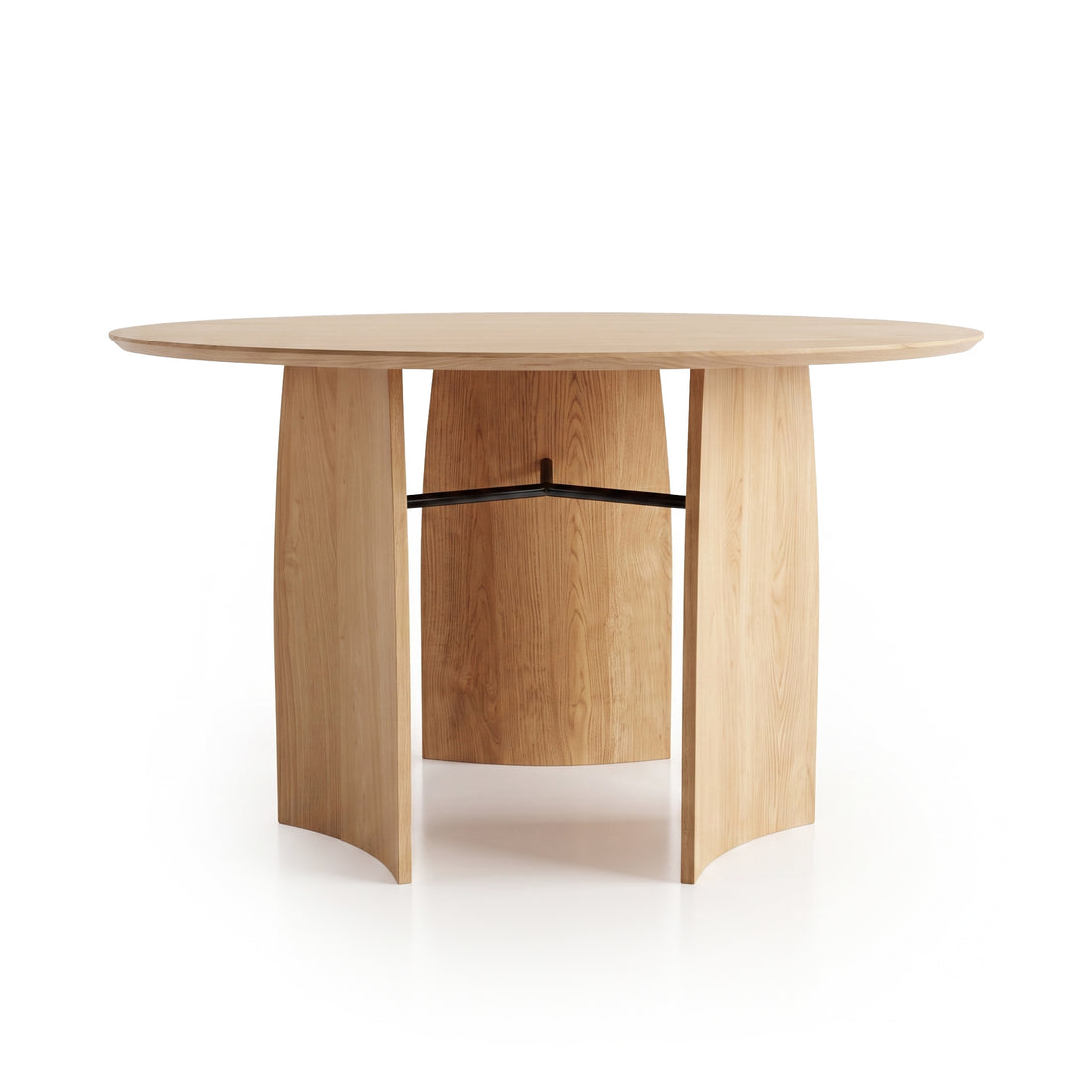 Round wooden dining table on white background with curved panel legs