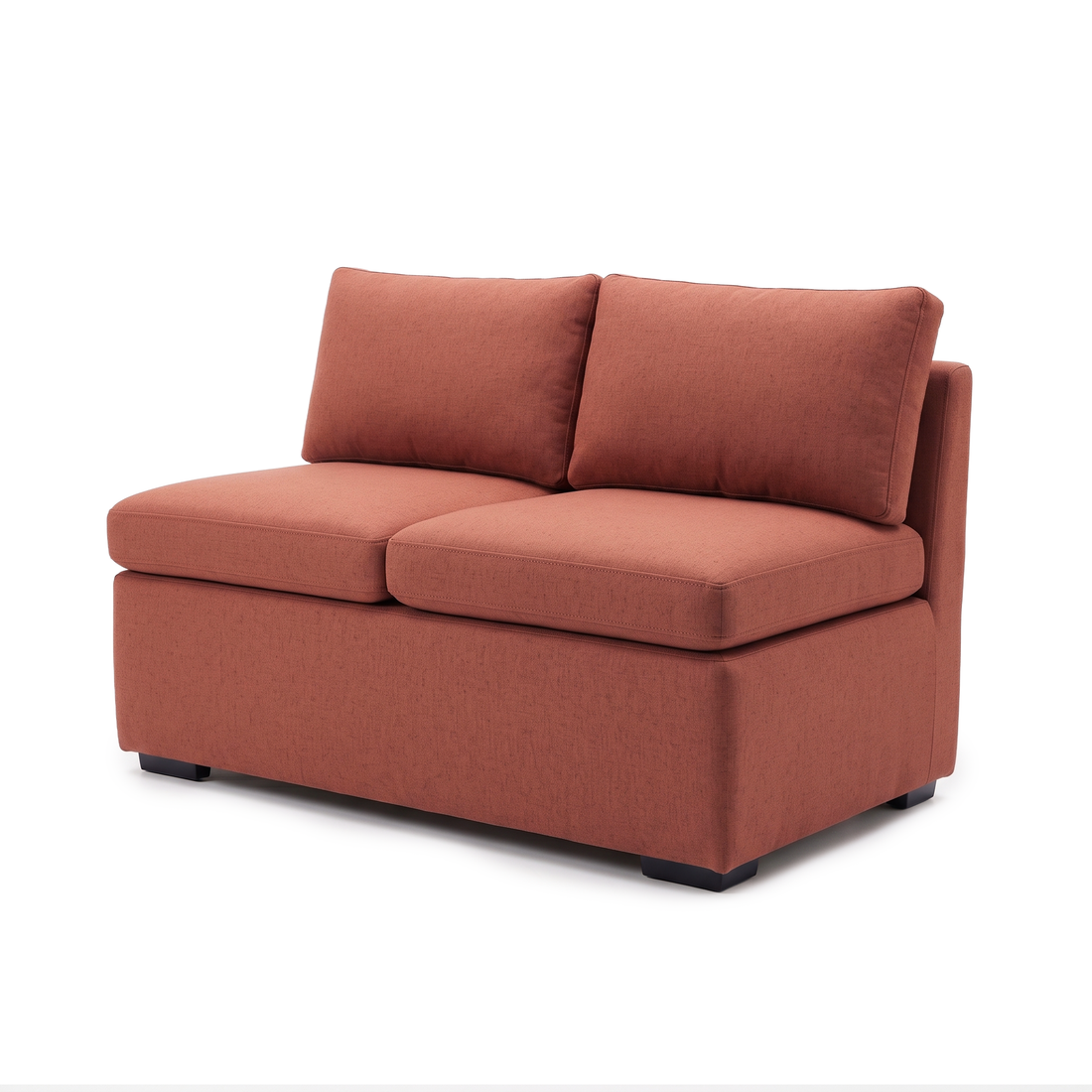 Compact dusty coral two-seat sofa on a white background