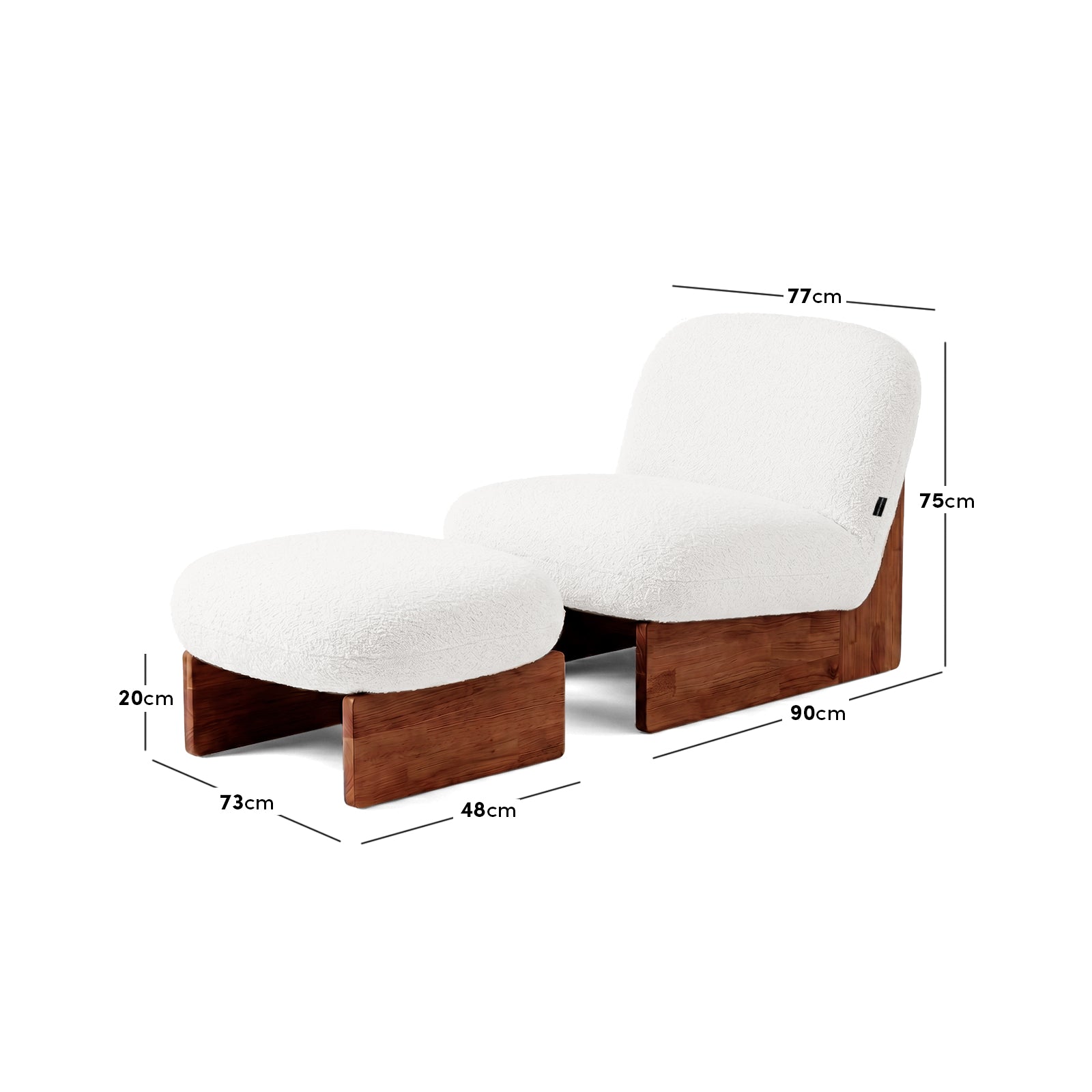 Lounge chair and ottoman with dimensions labeled in centimeters on a white background.
