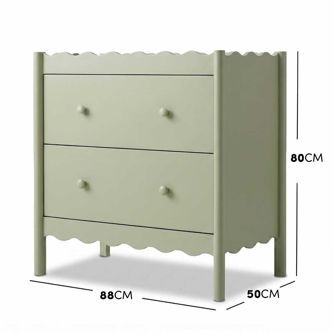 Sage green two-drawer dresser with labeled dimensions on a white background