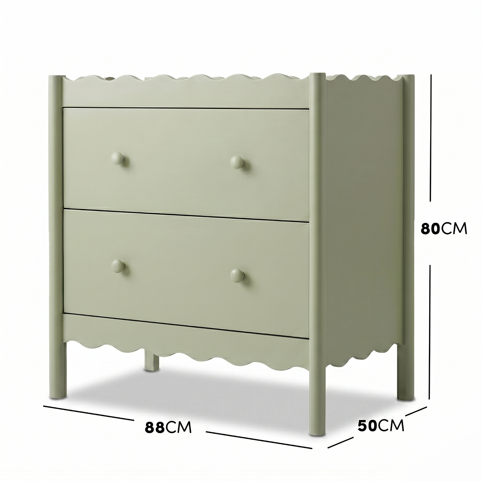 Sage green two-drawer dresser with labeled dimensions on a white background