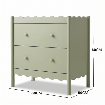 Sage green two-drawer dresser with labeled dimensions on a white background