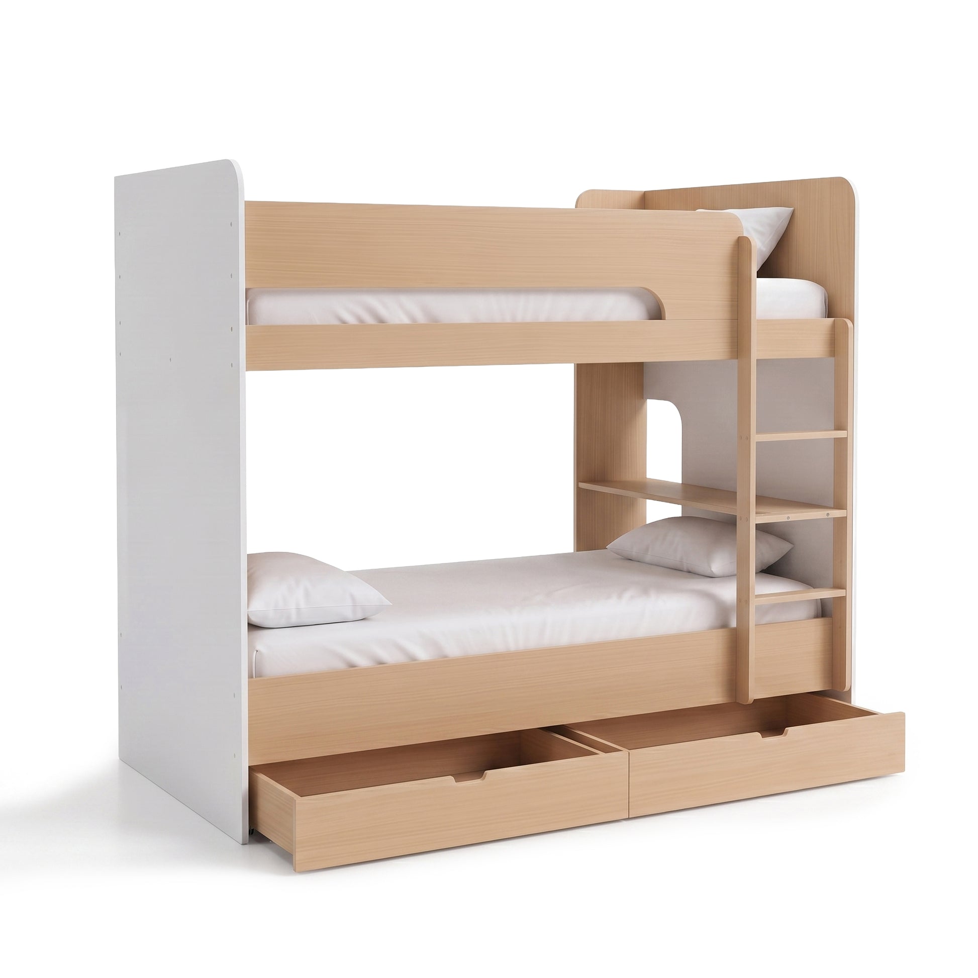 Contemporary wooden bunk bed with shelving and storage drawers on a white background