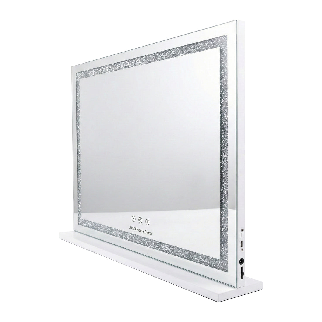 Rectangular mirror with white frame and decorative inner edge, with visible ports, on white background