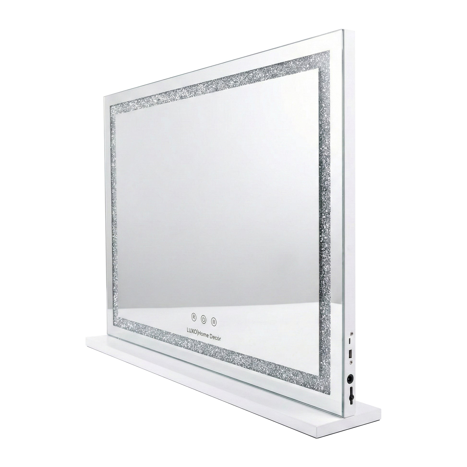 Rectangular mirror with white frame and decorative inner edge, with visible ports, on white background