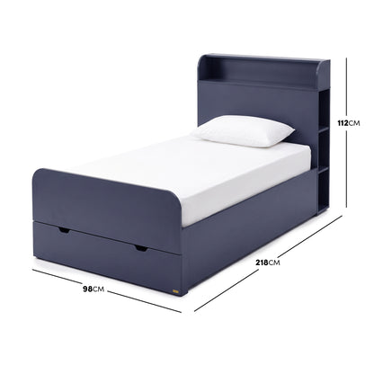 Navy blue single bed with storage and shelving showing dimensions on a white background