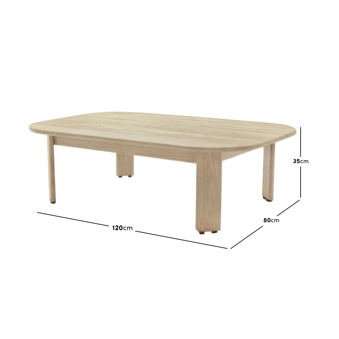 Elani 5 Seater Acacia Hardwood Outdoor Sofa Set includes a rectangular, light wood coffee table with rounded corners, measuring 120x80x35 cm, supported by block-style legs.