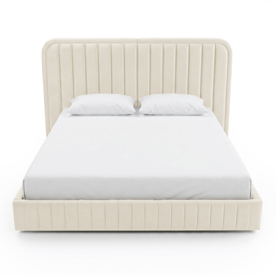 Cream upholstered bed with vertical panel headboard and footboard on white background