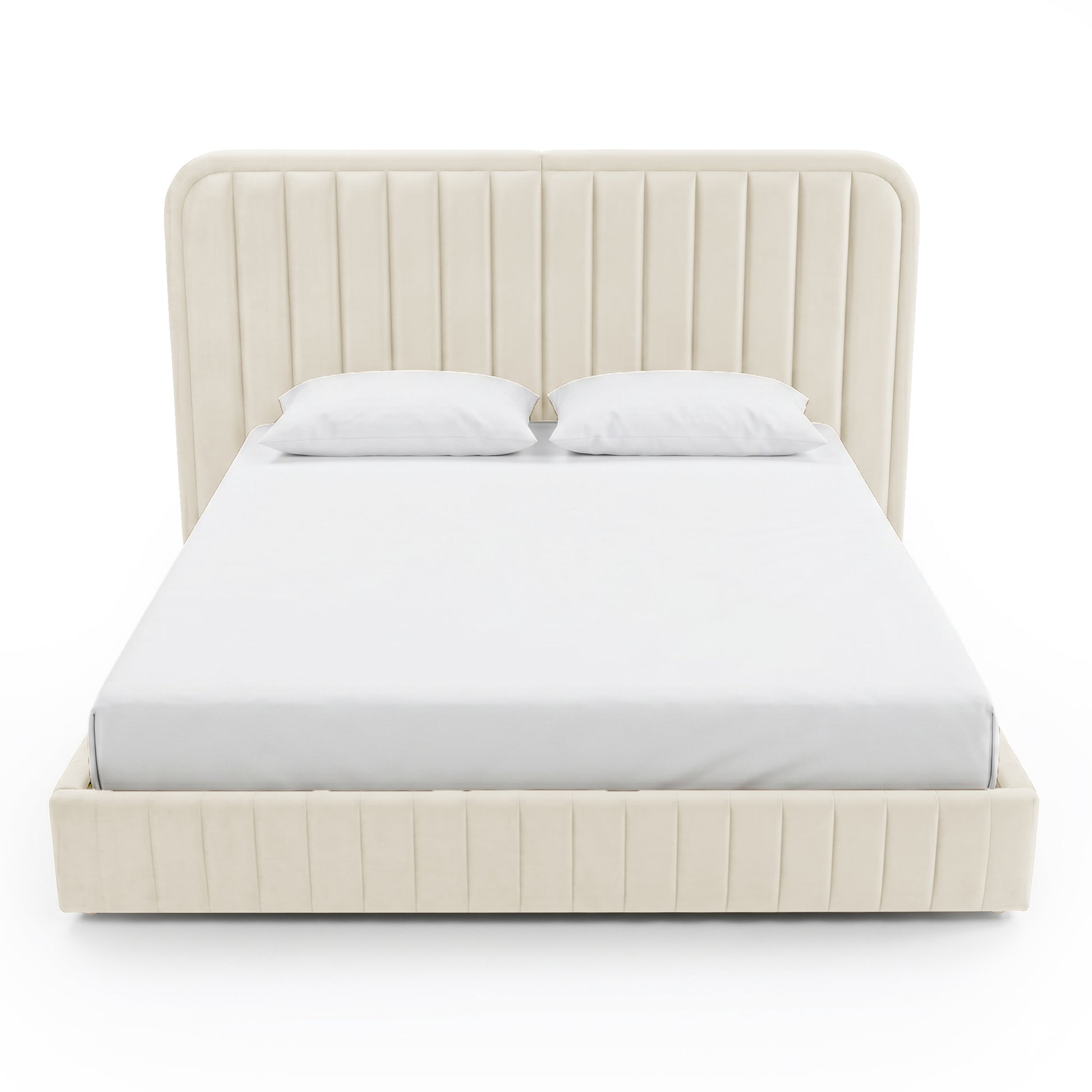 Cream upholstered bed with vertical panel headboard and footboard on white background