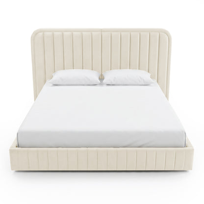 Cream upholstered bed with vertical panel headboard and footboard on white background