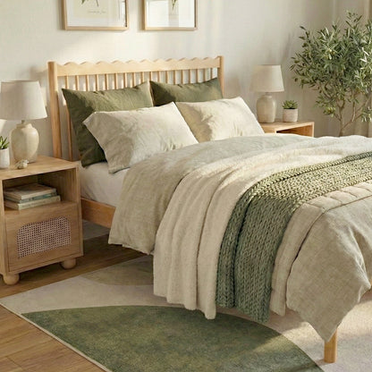 Cozy bedroom featuring wooden bed with neutral bedding, throw blanket, nightstands, and greenery