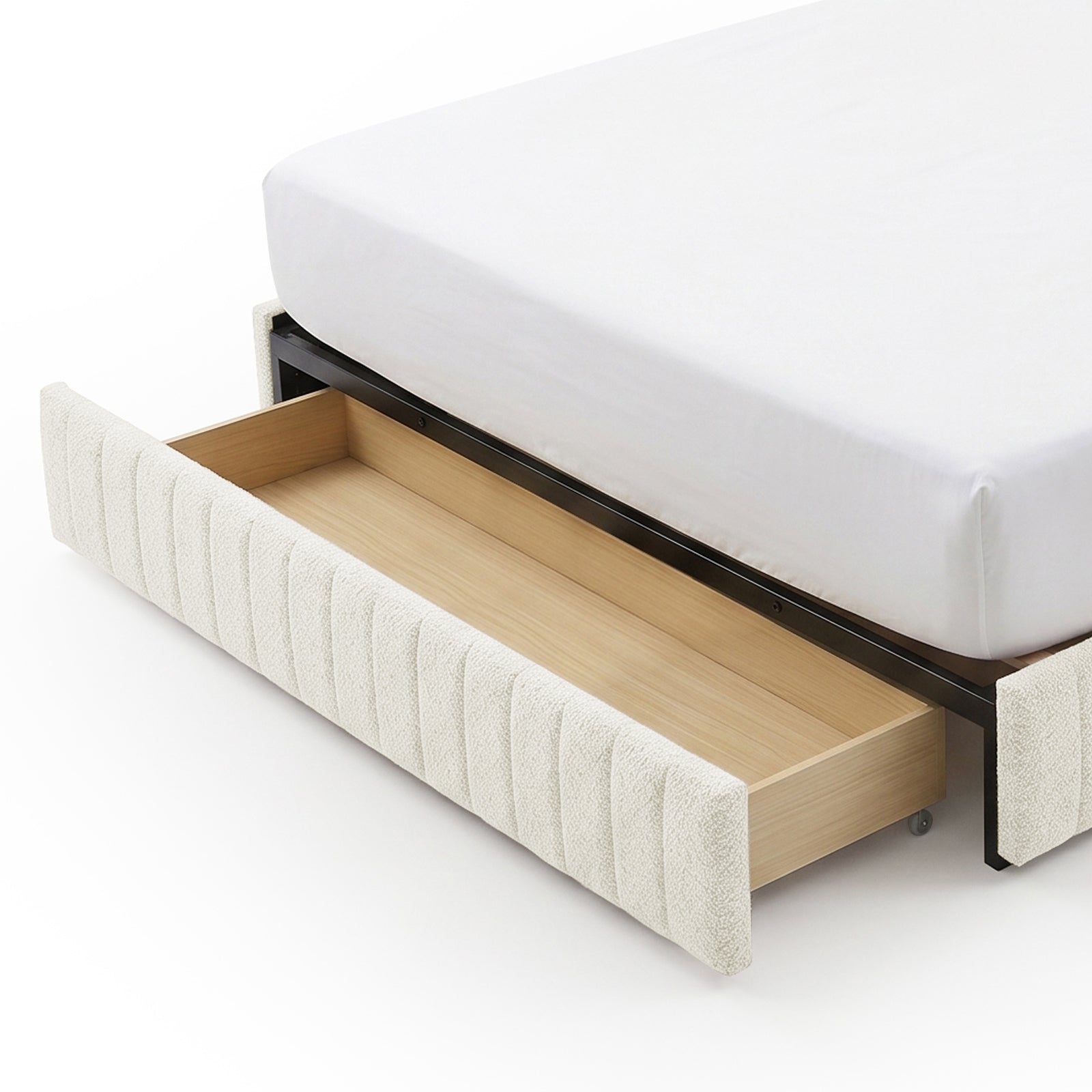 Close-up of pull-out under-bed storage drawer on white background