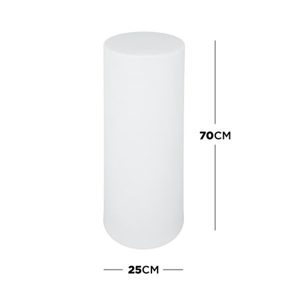70cm Outdoor Solar LED Bollard Light, a sleek white cylinder with a flat top, 70 cm tall and 25 cm in diameter, designed for versatile outdoor illumination and ambience.