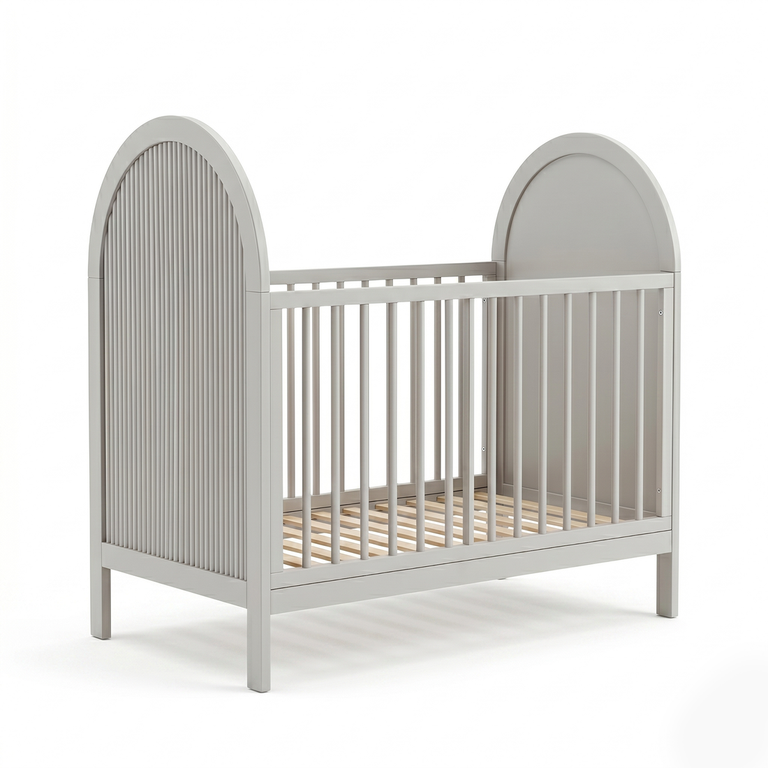 Modern grey baby crib on white background, full view