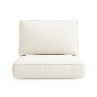 Close-up of Vernon Sofa Cushion Covers in Cream White, featuring two stacked off-white cushions with piped edges and a subtle woven texture, highlighting a clean, modern look for outdoor furniture.