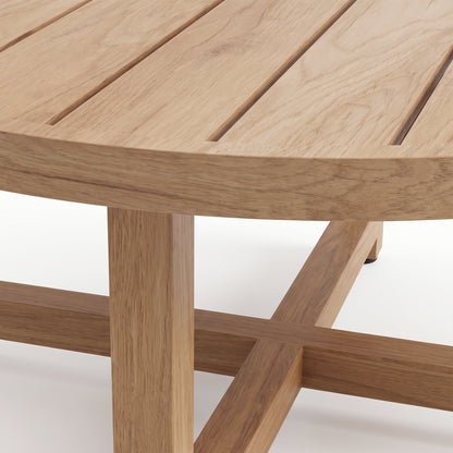 Close-up partial view of a wooden table with slatted top and legs